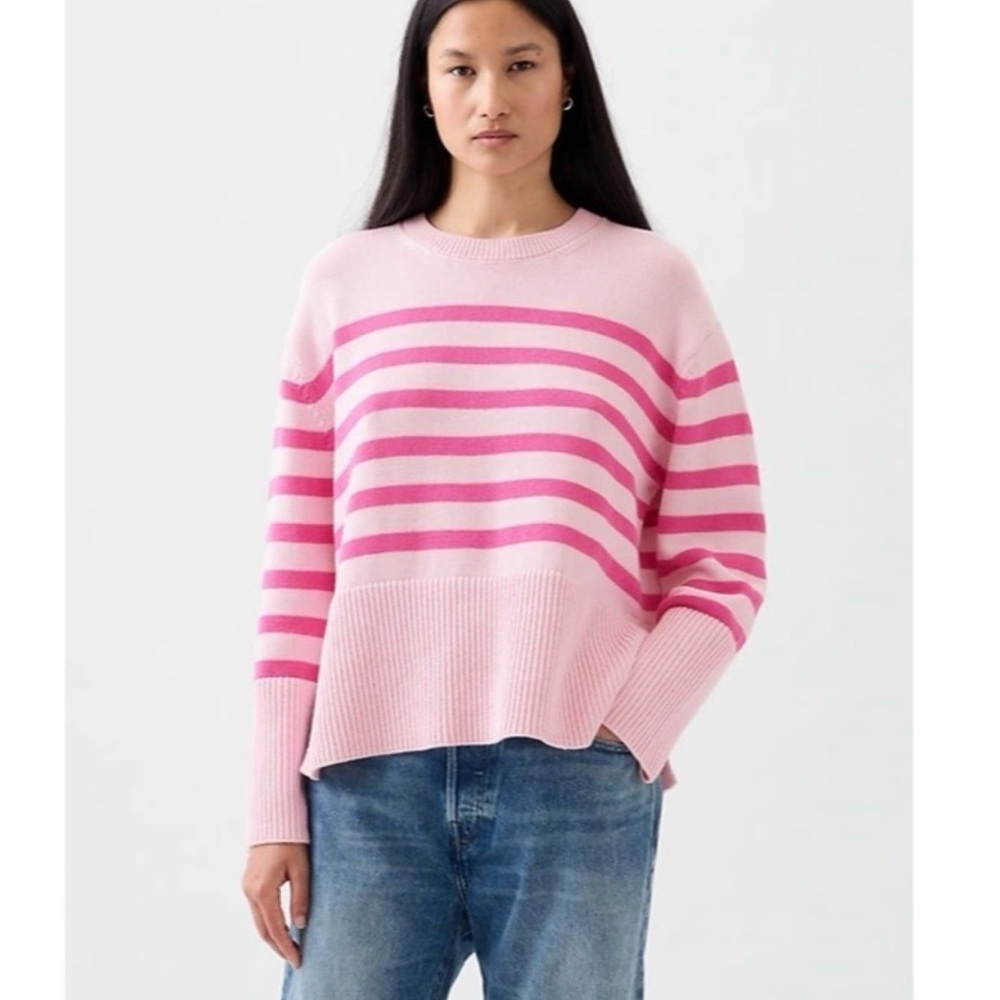 GAP 100% COTTON RELAXED FIT STRIPED CREW NECK SWEATER, SIZE L PINK COLOR